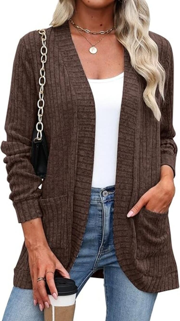 Women's Lightweight Cardigan Sweater Open Front w/Pockets, Brown, XXL